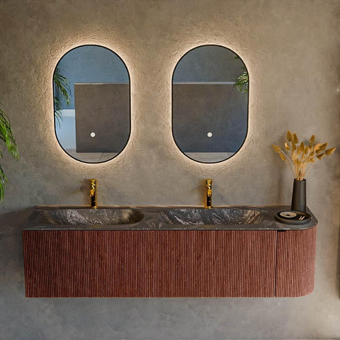 Mondiaz KURVE-DLUX Ensemble meuble de salle de bains - 165x46x40cm - 2 tiroirs - 1 porte - vasque solid surface - double / gauche - 2 trous de robinet - Ruby SW1416021