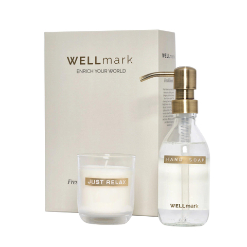 Wellmark Discover giftset - handzeep en geurkaars - fresh linnen - helder glas SHOWROOMMODEL SHOW26755