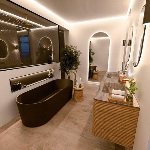 Mondiaz CIRO-DLUX Ensemble de meubles de salle de bains - 180x45x50cm - Vasque en solid surface Oza - 2 bassins Double - sans trous de robinet - 4 tiroirs - Chêne SW1531211