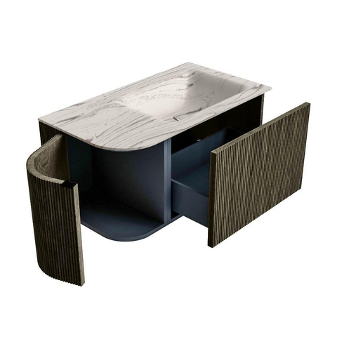 MONDIAZ KURVE-DLUX 85cm badmeubel ronding Links kleur Shadow met 1 lade en 1 deur. Wastafel CLOUD Rechts 1 kraangat Nata. SW1432280