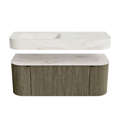 MONDIAZ THOR-DLUX 120cm meuble de salle de bains arrondi gauche + droite couleur Shadow avec 1 tiroir et 2 portes. Vasque suspendue CLOUD Gauche sans trou de robinet couleur Ostra. SW1463148