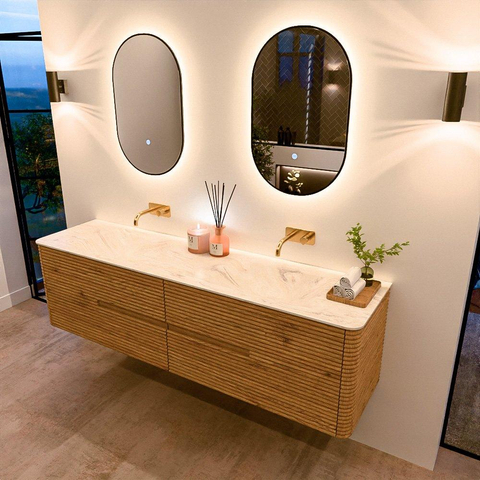 Mondiaz CIRO-DLUX Badkamermeubelset - 180x45x50cm - Solid surface wastafel Ostra - 2 wasbak Dubbel - zonder kraangaten - 4 lades - Oak SW1530961