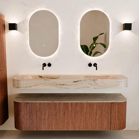 MONDIAZ THOR-DLUX 160cm meuble de salle de bains arrondi gauche + droite couleur Ruby avec 1 tiroir et 2 portes. Vasque suspendue CLOUD Double sans trou de robinet couleur Arena. SW1465126