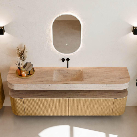 MONDIAZ THOR-DLUX 200cm meuble de salle de bains arrondi gauche + droite couleur Oak avec 2 tiroirs et 2 portes. Vasque suspendue CLOUD Milieu sans trou de robinet couleur Saba. SW1467212