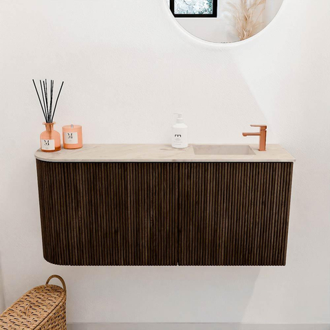 Mondiaz JOYA-DLUX 91.6cm toiletmeubel - ronding links kleur Walnut - Wastafel FAYE positie Rechts 1 kraangat kleur Frappe. SW1422358
