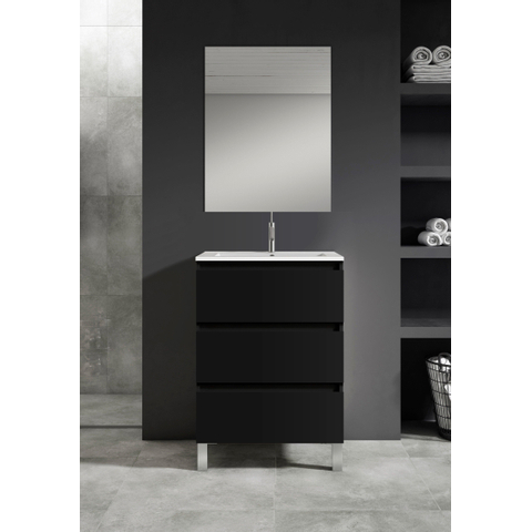 Saniclass Chaci PLUS Meuble de salle de bain - 60x86x46cm - lavabo en céramique blanc - 1 vasque ovale - 1 trou de robinet - 3 tiroirs - miroir rectangulaire - noir mat SW926032