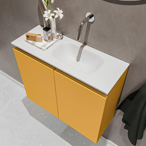 MONDIAZ TURE Toiletmeubel 60x23x50cm met 0 kraangaten 2 deuren ocher mat Wastafel Eden rechts Solid Surface Wit SW475047