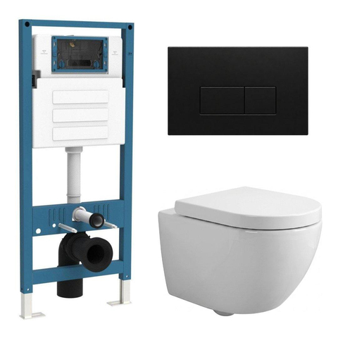 QeramiQ Dely Swirl Compact Toiletset - inbouwreservoir QeramiQ flush - 25mm zitting - kunststof bedieningsplaat mat zwart - rechthoekige knoppen - glans wit SW1590540