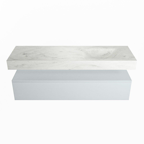 Mondiaz ALAN-DLUX Ensemble de meuble - 150cm - meuble Clay mat - 1 tiroir - Lavabo Cloud Opalo suspendu - vasque Droite - 0 trous de robinet SW806981