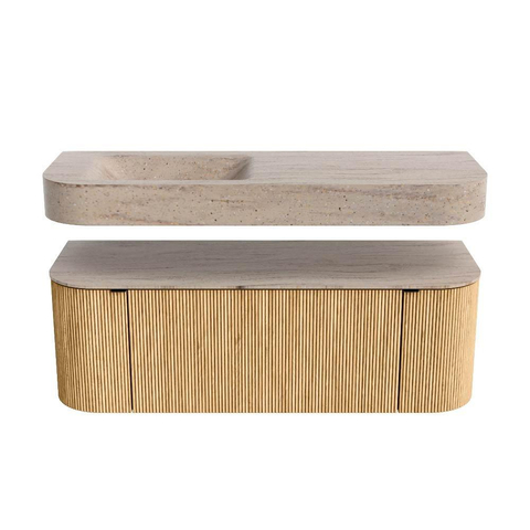 MONDIAZ THOR-DLUX 130cm meuble de salle de bains arrondi gauche + droite couleur Oak avec 1 tiroir et 2 portes. Vasque suspendue CLOUD Gauche 1 trou de robinet couleur Saba. SW1464010