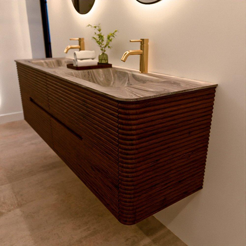 Mondiaz CIRO-DLUX Badkamermeubelset - 160x45x50cm - Solid surface wastafel Sombra - 2 wasbak Dubbel - 2 kraangaten - 4 lades - Ruby SW1531963