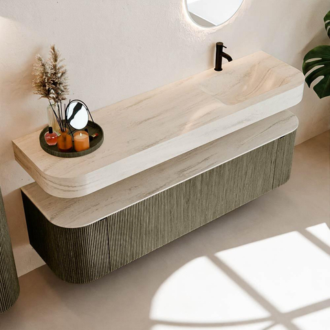 MONDIAZ THOR-DLUX 170cm meuble de salle de bains arrondi gauche + droite couleur Shadow avec 1 tiroir et 2 portes. Vasque suspendue CLOUD Droite 1 trou de robinet couleur Meli. SW1465776