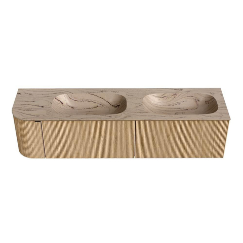 MONDIAZ KURVE-DLUX 175cm badmeubel ronding Links kleur Oak met 2 lades en 1 deur. Wastafel STOR SMALL Dubbel / Rechts zonder kraangat Arena. SW1431159