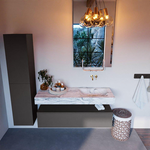 Mondiaz ALAN-DLUX Ensemble de meuble - 130cm - meuble Dark grey mat - 1 tiroir - Lavabo Cloud Glace suspendu - vasque Droite - 0 trous de robinet SW805939