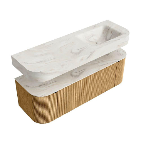 MONDIAZ THOR-DLUX 140cm meuble de salle de bains arrondi gauche + droite couleur Oak avec 1 tiroir et 2 portes. Vasque suspendue CLOUD Droite 1 trou de robinet couleur Ostra. SW1463947