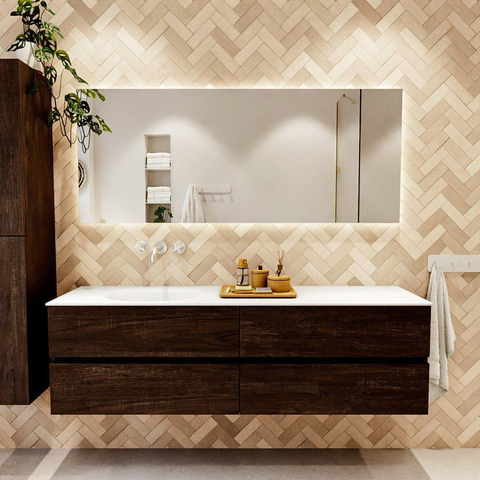 MONDIAZ Vica Ensemble meuble de salle de bains - 170cm - meuble bas dark brown - 4 tiroirs - lavabo moon à gauche - sans trous de robinet - version haute 60cm - talc SW1082651