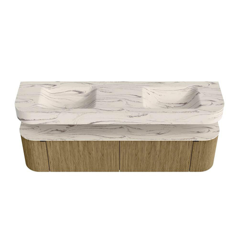 MONDIAZ THOR-DLUX 180cm meuble de salle de bains arrondi gauche + droite couleur Dusk avec 2 tiroirs et 2 portes. Vasque suspendue CLOUD Double 2 trous de robinet couleur Nata. SW1466215