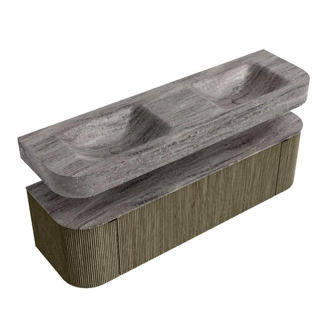 MONDIAZ THOR-DLUX 160cm meuble de salle de bains arrondi gauche + droite couleur Shadow avec 1 tiroir et 2 portes. Vasque suspendue CLOUD Double 2 trous de robinet couleur Oza. SW1465311