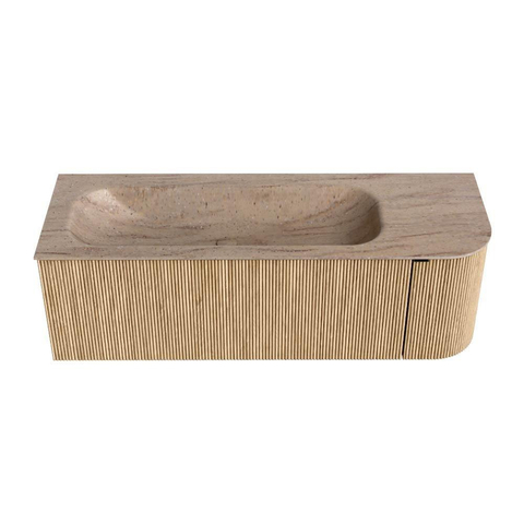MONDIAZ KURVE-DLUX 135cm badmeubel ronding Rechts kleur Oak met 1 lade en 1 deur. Wastafel BIG MEDIUM Links zonder kraangat Saba. SW1433085