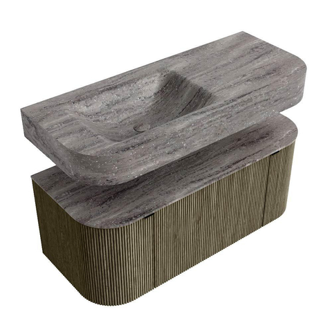 MONDIAZ THOR-DLUX 110cm meuble de salle de bains arrondi gauche + droite couleur Shadow avec 1 tiroir et 2 portes. Vasque suspendue CLOUD Gauche sans trou de robinet couleur Oza. SW1463026