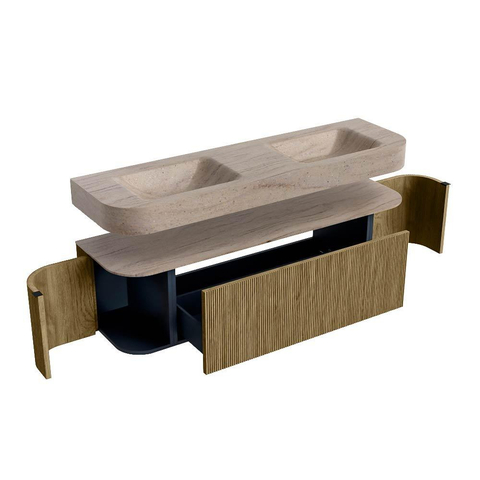 MONDIAZ THOR-DLUX 160cm meuble de salle de bains arrondi gauche + droite couleur Dusk avec 1 tiroir et 2 portes. Vasque suspendue CLOUD Double sans trou de robinet couleur Saba. SW1465338