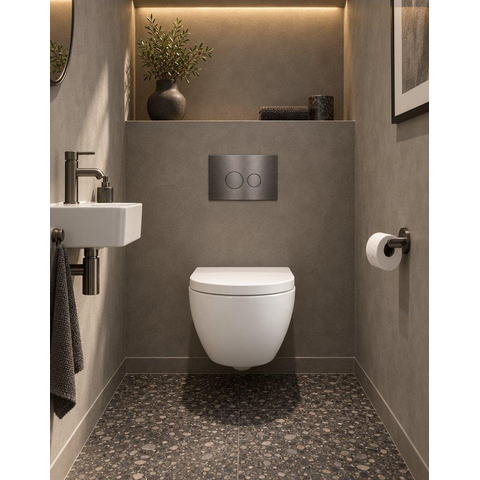 QeramiQ Dely Swirl Compact Toiletset - inbouwreservoir QeramiQ flush - 25mm zitting - metalen bedieningsplaat gunmetal - ronde knoppen - glans wit SW1590604