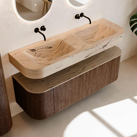 MONDIAZ THOR-DLUX Meuble de salle de bains - 140cm - arrondi gauche + droite - couleur Walnut - 1 tiroir et 2 portes - Vasque suspendue CLOUD Double sans trou de robinet - couleur Arena SW1464354