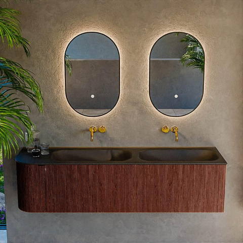Mondiaz KURVE Ensemble de meuble de salle de bains - 165x46x40cm - 2 tiroirs - 1 porte - vasque solid surface - double / droite - sans trou de robinet - Ruby SW1415373