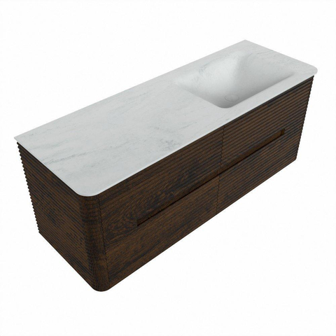 Mondiaz CIRO-DLUX Ensemble de meubles de salle de bains - 130x45x50cm - lavabo Solid surface Opalo - 1 vasque à droite - sans trous de robinet - 4 tiroirs - Noyer SW1530502