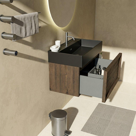 Saniclass Holz Frame Badkamermeubelset - 80x45x52cm - Legend keramische wastafel mat zwart - 1 wasbak - 1 kraangat - 1 lade - mat eiken charcoal (hout) SW1579687