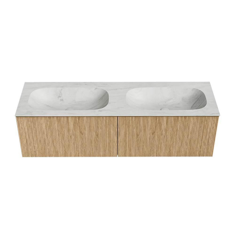 MONDIAZ KURVE-DLUX Meuble de salle de bains 150 cm couleur Oak avec 2 tiroirs. Lavabo STOR SMALL double sans trou de robinet couleur Opalo. SW1137586