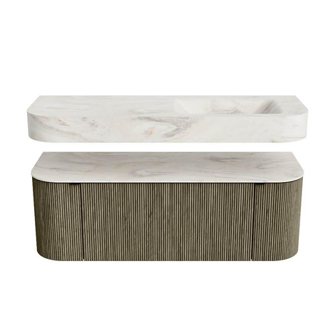 MONDIAZ THOR-DLUX 130cm meuble de salle de bains arrondi gauche + droite couleur Shadow avec 1 tiroir et 2 portes. Vasque suspendue CLOUD Droite 1 trou de robinet couleur Ostra. SW1463794