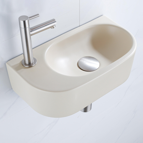 QeramiQ Fuente fonteinset – halfrond – 40x21.5x12 cm – keramiek beige – kraangat links – kraan geborsteld RVS SW1232815