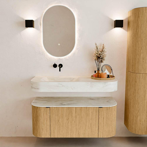 MONDIAZ THOR-DLUX 110cm badmeubel ronding links + rechts kleur Oak met 1 lade en 2 deuren. Vrijhangende wastafel CLOUD Links zonder kraangat kleur Ostra. SW1462766