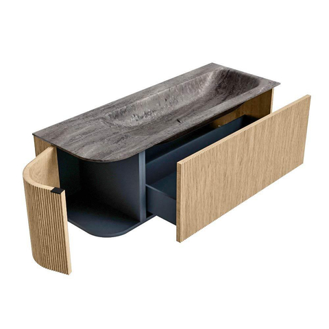 MONDIAZ KURVE-DLUX 125cm badmeubel ronding Links kleur Oak met 1 lade en 1 deur. Wastafel BIG MEDIUM Rechts zonder kraangat Oza. SW1432641