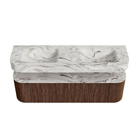 MONDIAZ THOR-DLUX 160cm meuble de salle de bains arrondi gauche + droite couleur Walnut avec 1 tiroir et 2 portes. Vasque suspendue CLOUD Double 2 trous de robinet couleur Glace. SW1465001