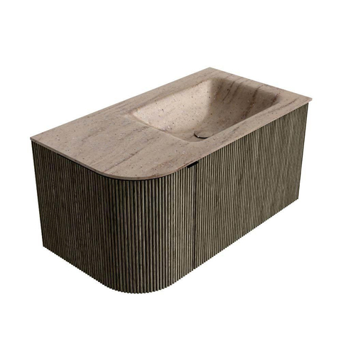 MONDIAZ KURVE-DLUX meuble de salle de bains 85cm arrondi à gauche couleur Shadow avec 1 tiroir et 1 porte. Lavabo CLOUD à droite 1 trou de robinetterie Saba. SW1433409