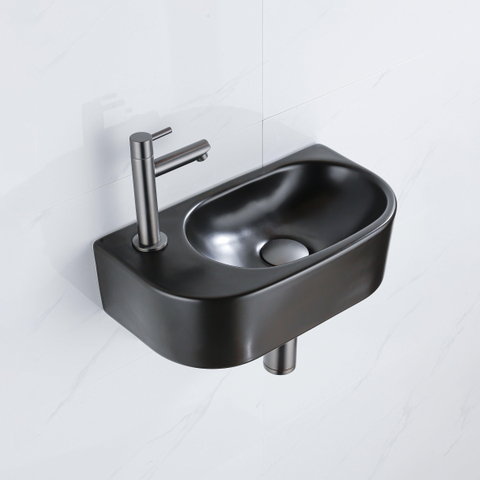 Fugaflow Efficiente Ensemble Fontaine Pietra - 40x21,5x12 cm - gauche - lisse - demi-ronde - 1 trou de robinet - céramique - robinet de fontaine gunmetal - bouchon de vidange - siphon abaissé - noir mat SW1442420