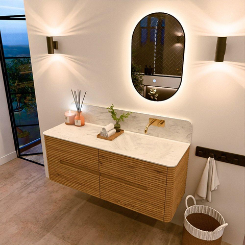 Mondiaz CIRO-DLUX Badkamermeubelset - 130x45x50cm - Solid surface wastafel Opalo - 1 wasbak Rechts - zonder kraangaten - 4 lades - Oak SW1531035