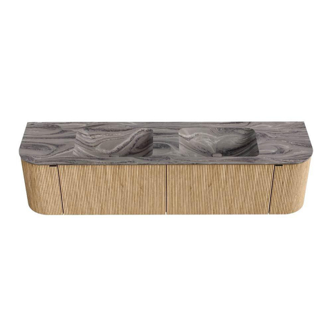 MONDIAZ KURVE-DLUX 180cm badmeubel ronding Links + Rechts kleur Oak met 2 lades en 2 deuren. Wastafel LEAF Dubbel zonder kraangat Sombra. SW1433594