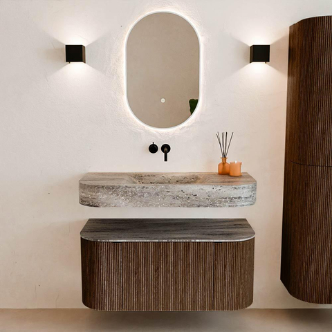 MONDIAZ THOR-DLUX 100cm meuble de salle de bains arrondi gauche + droite couleur Walnut avec 1 tiroir et 2 portes. Vasque suspendue CLOUD Milieu sans trou de robinet couleur Oza. SW1467574