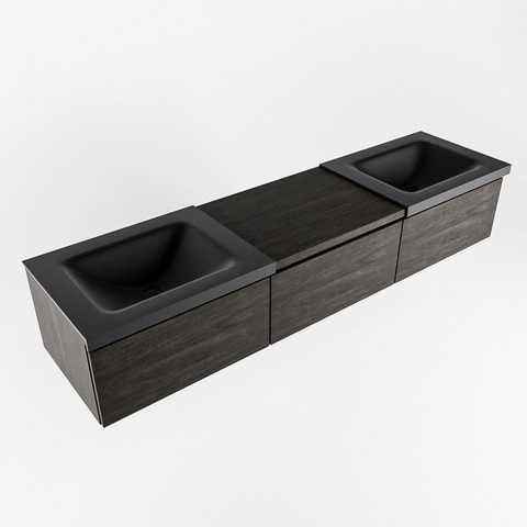 MONDIAZ BUKLA meuble de salle de bain 180 cm avec module 60 couleur Marron Foncé avec 3 tiroirs. Lavabo CLOUD double 0 trou de robinet couleur Urban. SW1382180