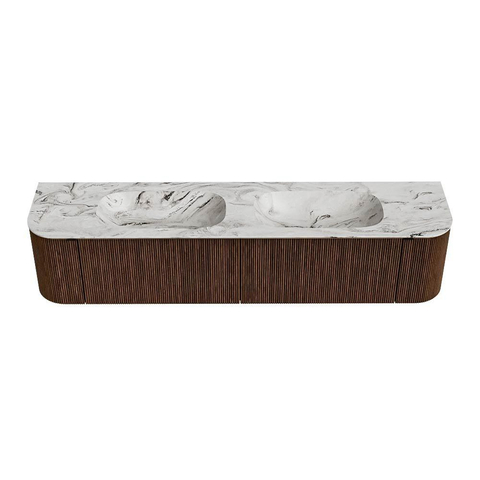 MONDIAZ KURVE-DLUX meuble de salle de bains 200 cm avec module 25 Len R couleur Walnut avec 2 tiroirs et 2 portes. Lavabo STOR SMALL double sans trou de robinetterie couleur Glace. SW1138073