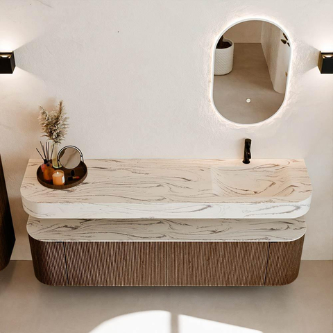 MONDIAZ THOR-DLUX 180cm meuble de salle de bains arrondi gauche + droite couleur Walnut avec 2 tiroirs et 2 portes. Vasque suspendue CLOUD droite 1 trou de robinet couleur Nata. SW1466212