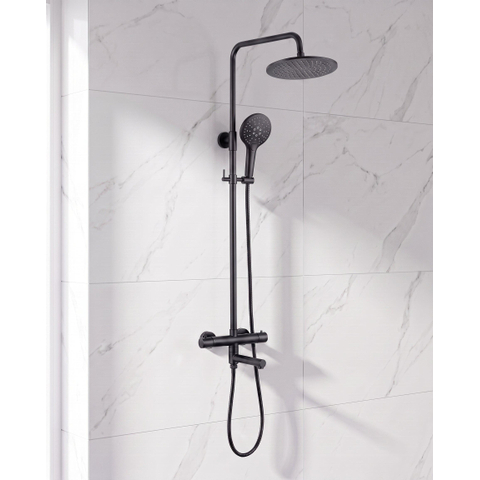 Fortifura Calvi Regendoucheset - thermostatisch - 25cm hoofddouche - metalen slang - ronde handdouche - draaibare baduitloop - mat zwart SW1592501