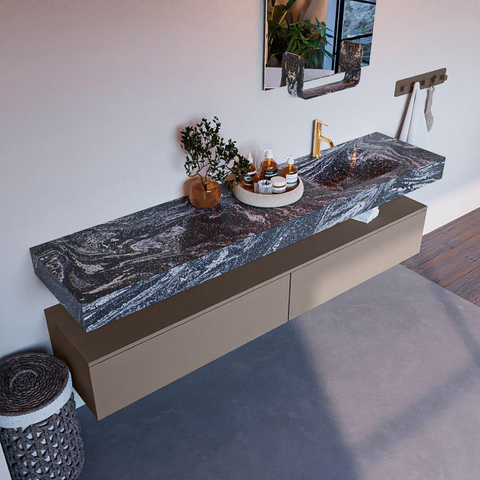 Mondiaz ALAN-DLUX Ensemble de meuble - 200cm - meuble Smoke mat - 2 tiroirs - Lavabo Cloud Lava suspendu - vasque Droite - 1 trou de robinet SW808126