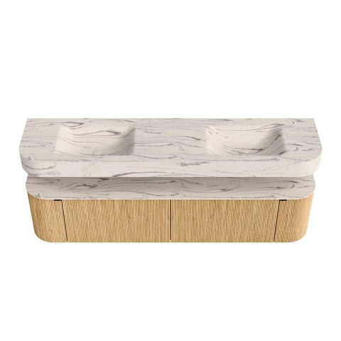 MONDIAZ THOR-DLUX 190cm meuble de salle de bains arrondi gauche + droite couleur Oak avec 2 tiroirs et 2 portes. Vasque suspendue CLOUD Double sans trou de robinet couleur Nata. SW1466748
