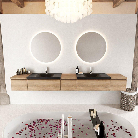 MONDIAZ BUKLA 280cm ensemble de meuble avec module 40 couleur Chêne blanchi avec 5 tiroirs. Lavabo CLOUD double 2 trous de robinet couleur Urbaine. SW1382318