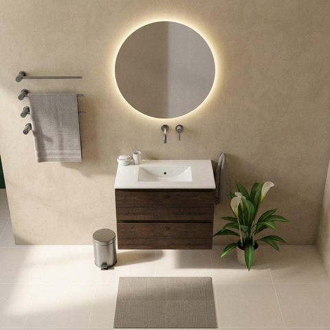 Saniclass Holz Pure Ensemble meuble de salle de bains - 80x45x62cm - Lavabo en céramique Vygo blanc - 1 vasque - sans trou de robinetterie - 2 tiroirs - chêne charcoal mat (bois) SW1439444