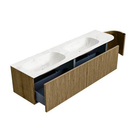 Mondiaz KURVE-DLUX Ensemble de meuble de salle de bains - 175x46x40cm - 2 tiroirs - 1 porte - lavabo solid surface - double / gauche - sans trou de robinet - Dusk SW1415195